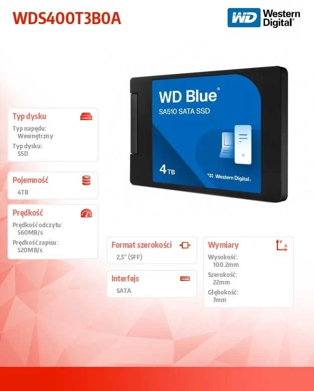 WD Mėlyna SA510 SSD 4TB SATA III 6Gb/s korpusas 2.5" 7mm vidinė vienguba pakuotė, MAITINA „SANDISK“