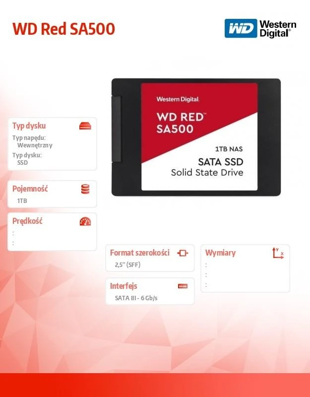 WD Raudona SSD SA500 NAS 1TB 2.5" SATA III 6 Gb/s vidinis, vienos pakuotės, maitinamas „SANDISK“