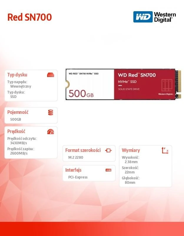 WD Raudona SSD SN700 NVMe 500GB M.2 2280 PCIe Gen3 8Gb/s vidinis diskas NAS įrenginiams, maitinamas „SANDISK“