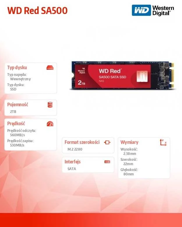 SanDisk WD Raudona SSD SA500 NAS 2TB SATA III 6Gb/s M.2 2280 Bulk