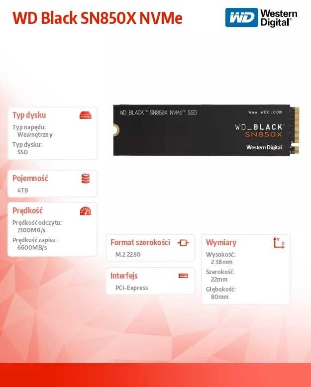 Western Digital WD Juodas 4TB SN850X NVMe SSD diskas, itin greitas, PCIe Gen4 x4, M.2, vidinis, su „SANDISK“ procesoriumi