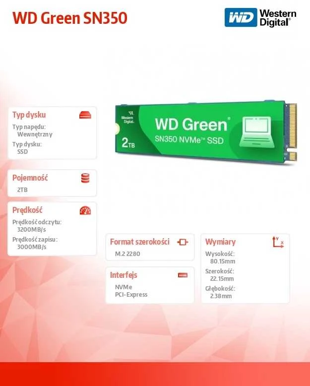 Western Digital WD Žalias SN350 NVMe SSD 2TB M.2 2280 PCIe Gen3 8Gb/s