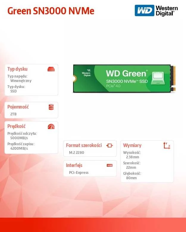 Western Digital Žalias WD ™ SN3000 NVMe™ SSD POWERED BY SANDISK 2 TB