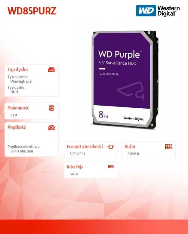 Kietasis diskas Western Digital HDD Video Surveillance WD Violetinė 8TB CMR, 3.5'', 256MB, 5640 RPM, SATA, TBW: 180