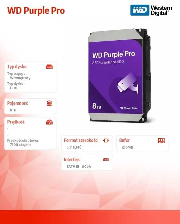 Western Digital HDD AV WD Violetinė Pro (3.5'', 8TB, 256MB, 7200 RPM, SATA 6 Gb/s)