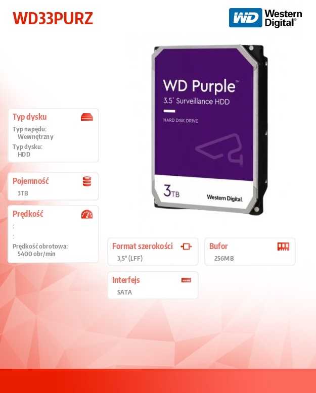 Western Digital HDD Video Surveillance WD Violetinė 3TB CMR, 3.5'', 256MB, SATA 6Gbps, TBW: 180