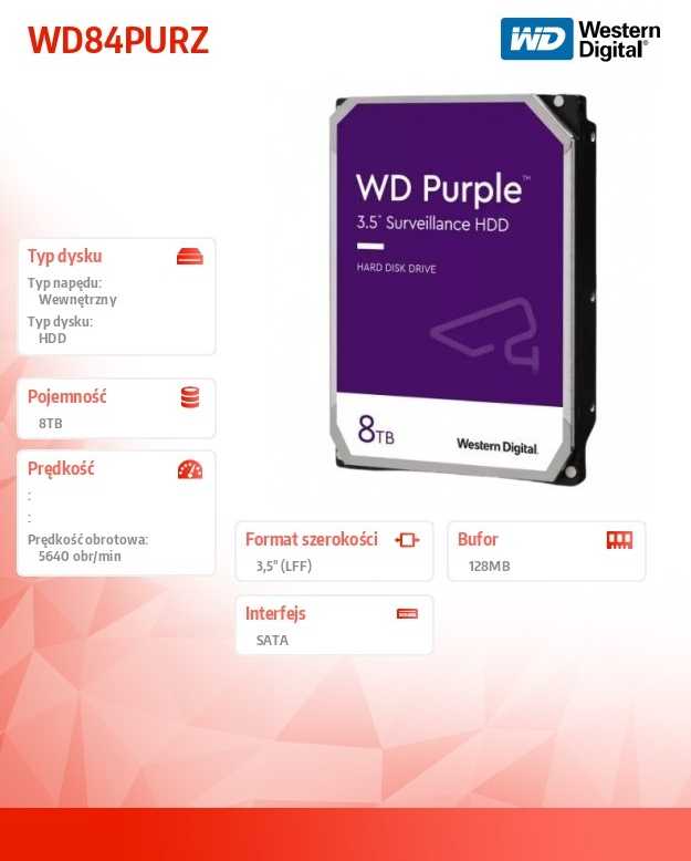 „Western Digital WD Violetinė 8TB SATA 6Gb/s CE“ kietasis diskas, 8,9 cm, 3,5 colio, vidinis, 5640 RPM, 128 MB talpykla, 24x7, birių talpų
