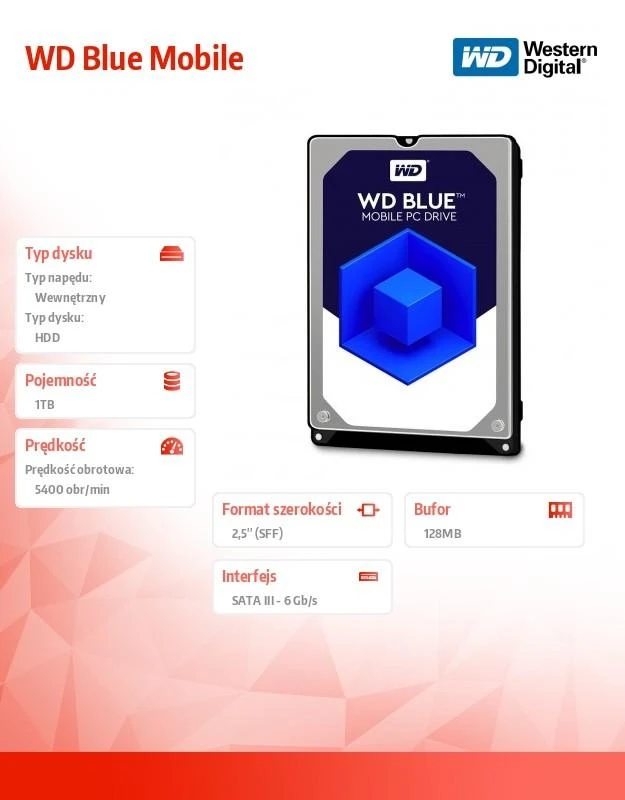 Sandisk WD Mėlyna Mobile 1TB HDD 5400rpm SATA serial ATA 6Gb/s 128MB cache 2,5inch 7mm Heigth RoHS compliant intern Bulk