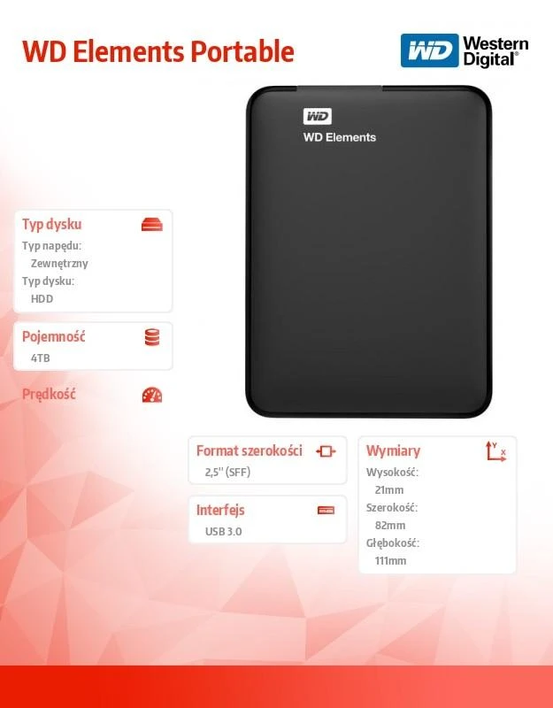 Western Digital Išorinis kietasis diskas Western Digital Elements Išorinis kietasis diskas HDD 4TB USB3 WDBU6Y0040BBK-WESN Juodas