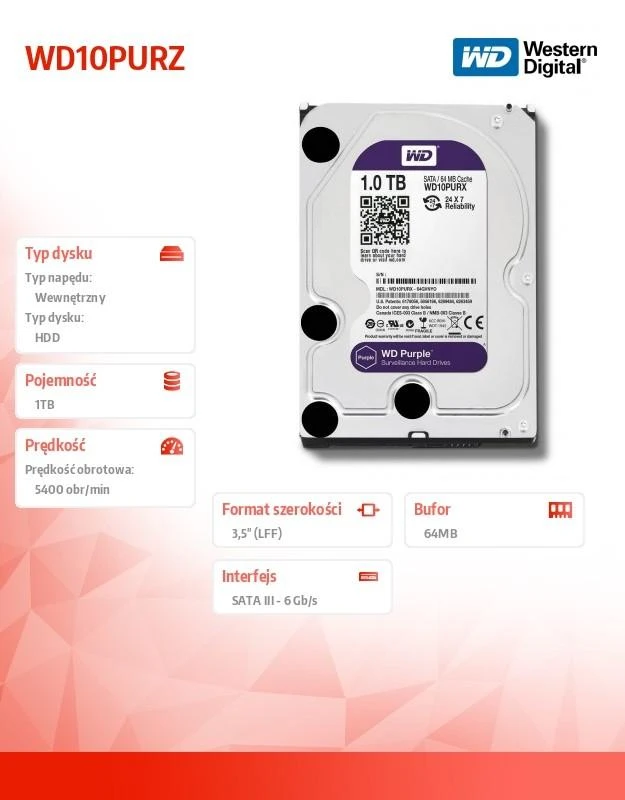 Western Digital | Violetinė | WD10PURZ | 5400 RPM | 1000 GB