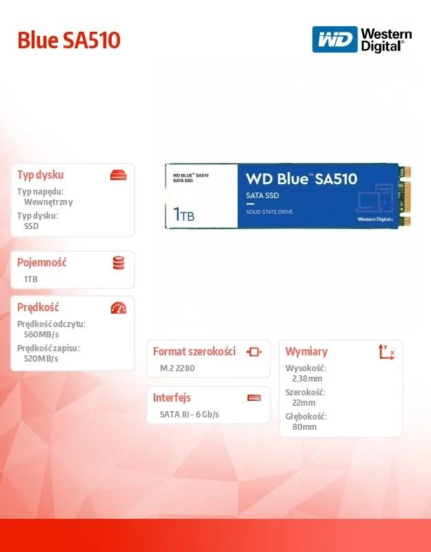 WD Mėlyna SA510 SSD 1 TB M.2 2280 SATA III 6 Gb/s vidinis, vienos pakuotės, maitinamas „SANDISK“