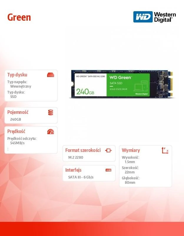 WD Žalias SATA 240GB vidinis SSD kietojo kūno diskas - SATA 6Gb/s M.2 2280 - WDS240G3G0B, maitinamas „SANDISK“