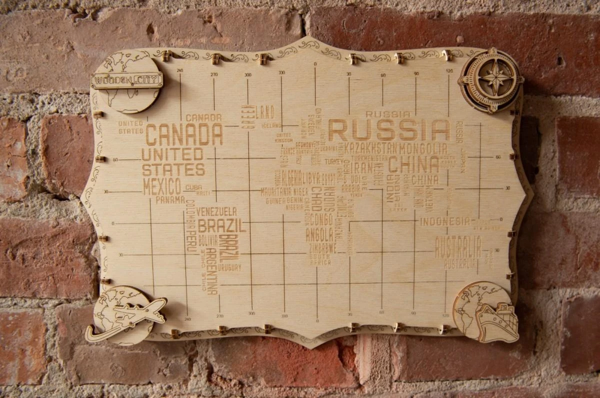 Dėlionė WOODEN CITY Medinė Pasaulio Žemėlapių Modelis Su Pavadinimais