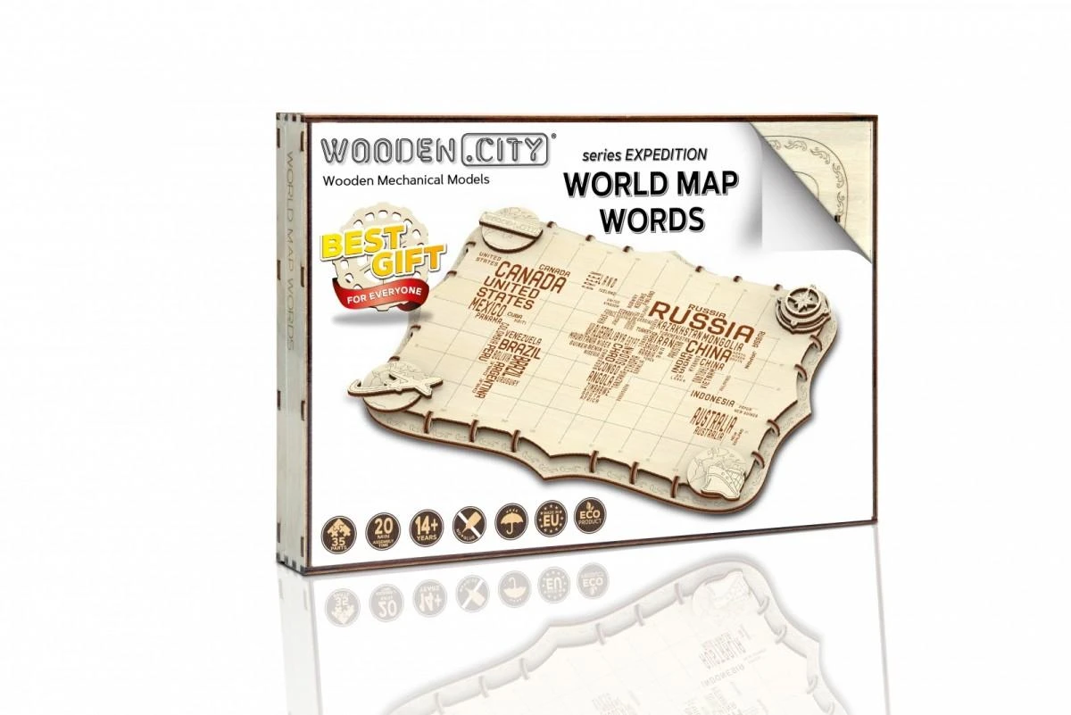Dėlionė WOODEN CITY Medinė Pasaulio Žemėlapių Modelis Su Pavadinimais