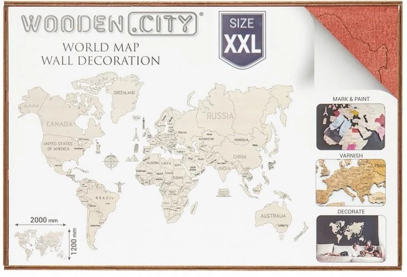 WOODEN CITY 3D Pasaulio Žemėlapis sienoms XXL - koralų spalvos