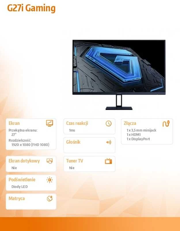 Monitorius Xiaomi  G27i / 27 col. / IPS 1920 x 1080 / 1 ms / 250 cd/m² / 165 Hz / HDMI 2.0x1 / Juodas