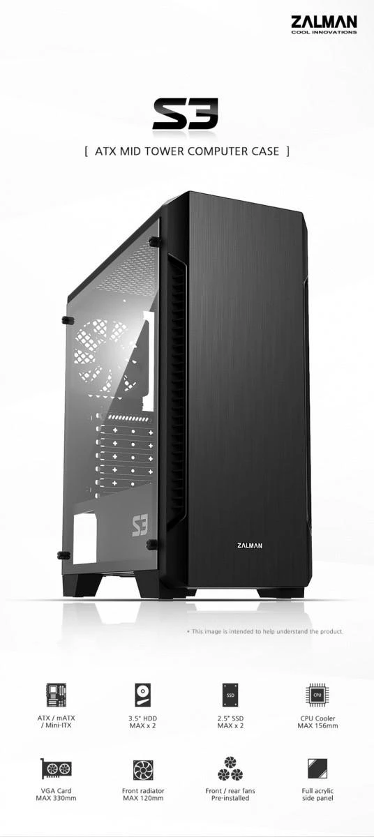 Zalman S3 TG ATX Mid Tower PC Case TG ventiliatorius x3