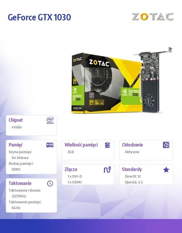 Vaizdo plokštė Žemo profilio ZOTAC GeForce GT 1030, 2 GB GDDR5, ATX/LP, DVI-D, HDMI 2.0b