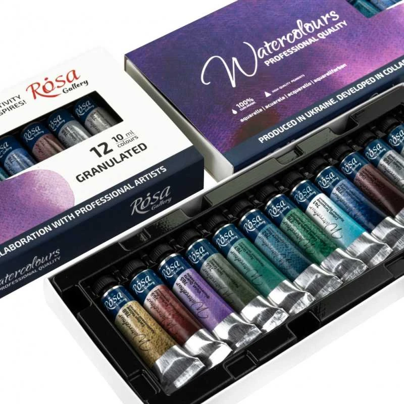 Akvarelinių granuliuojančių dažų rinkinys ROSA Gallery 12x10ml, kartoninėje dėžutėje