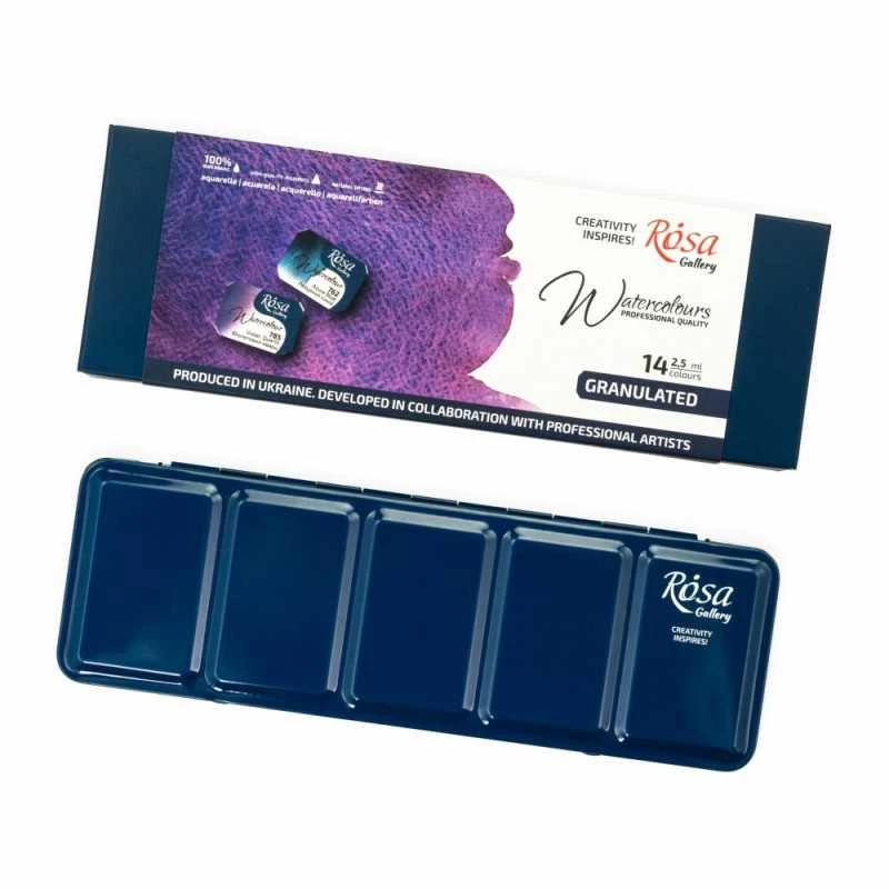 Akvarelinių granuliuojančių dažų rinkinys ROSA Gallery 14x2,5ml, metalinėje dėžutėje