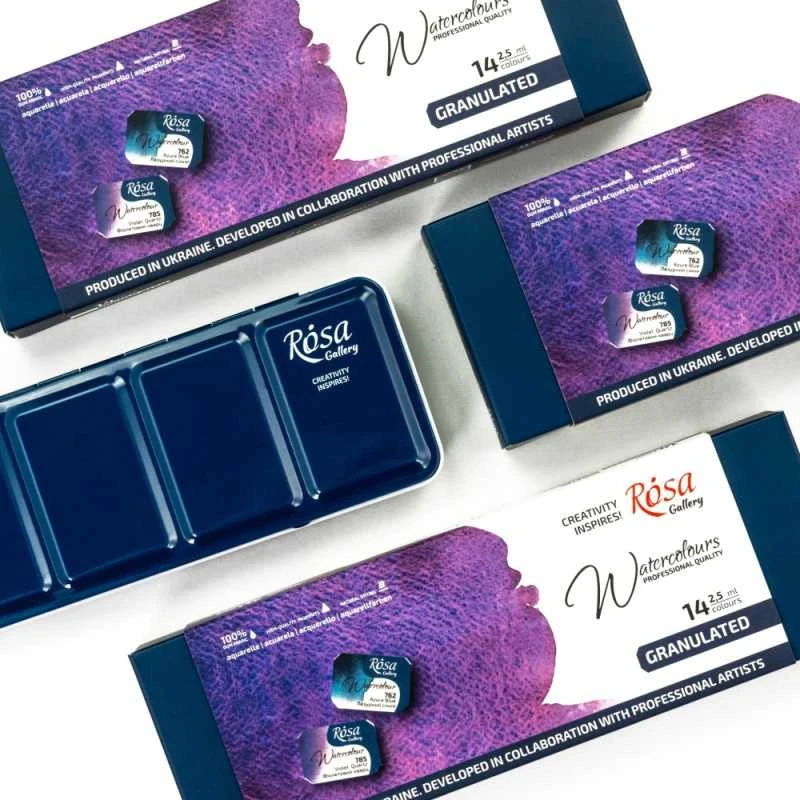 Akvarelinių granuliuojančių dažų rinkinys ROSA Gallery 14x2,5ml, metalinėje dėžutėje