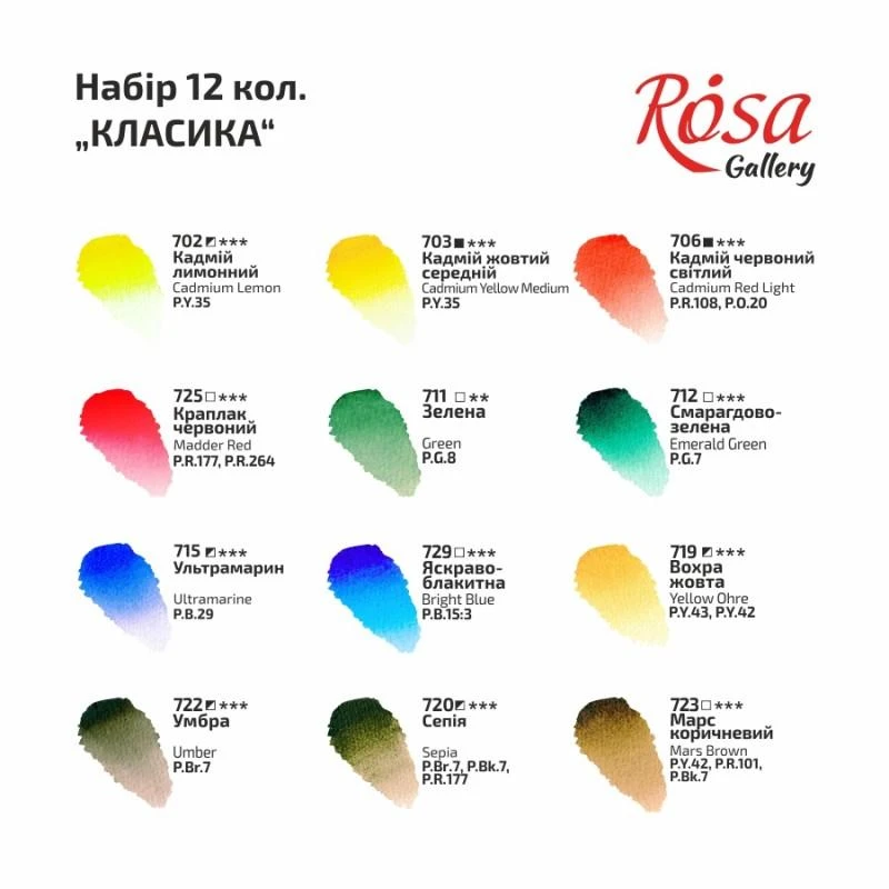 Akvarelinių profesionalių dažų rinkinys ROSA Gallery 12 sp