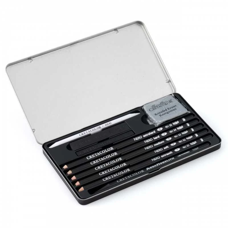 Eskizavimo pieštukų rinkinys Cretacolor Deep Juodas 10 vnt, metalinėje dėžutėje
