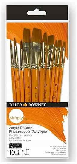 Sintetinio plauko plokščių/apvalių teptukų rinkinys trumpais koteliais Simply Daler Rowney, 10 vnt