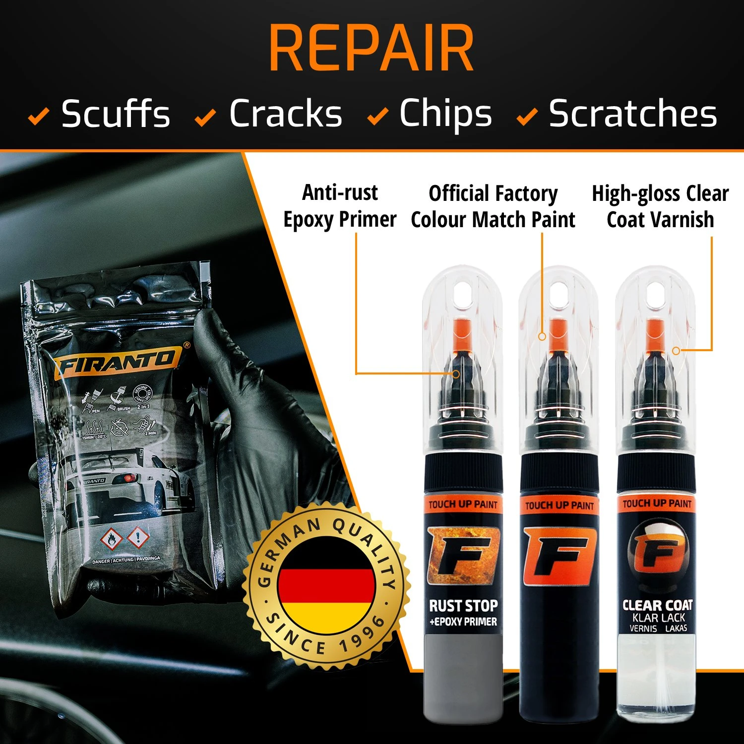 Firanto MITSUBISHI AC10605 - RIVIERA Raudonas Rinkinys: Dažų korektorius įbrėžimų taisymui + Rūdžių modifikatorius + Lakas 15 ml aprašymas - Prekės nuotrauka