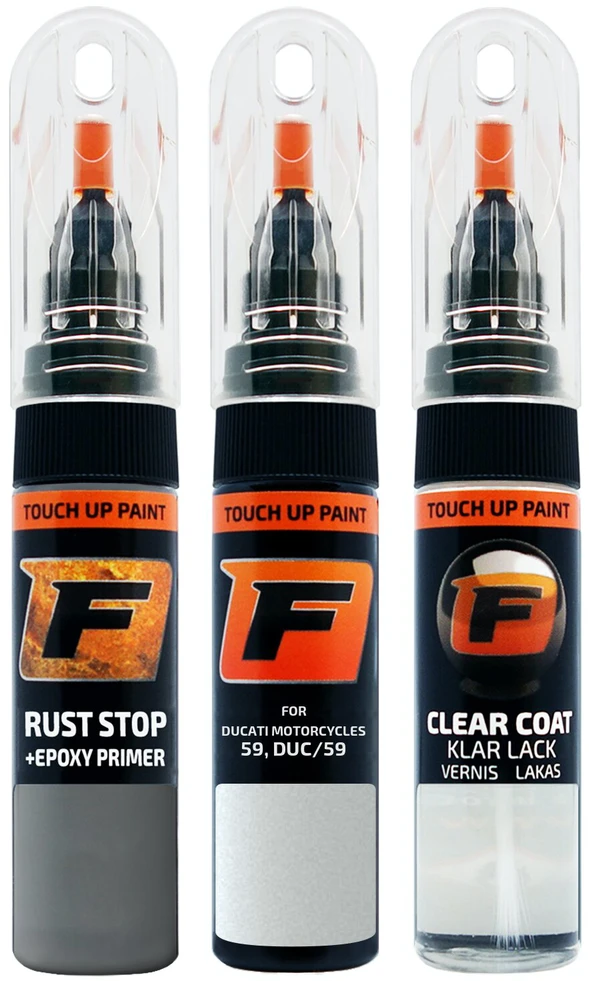 Firanto DUCATI MOTORCYCLES 59, DUC/59 - STAR Baltas SILK Rinkinys: Dažų korektorius įbrėžimų taisymui + Rūdžių modifikatorius + Lakas 15 ml