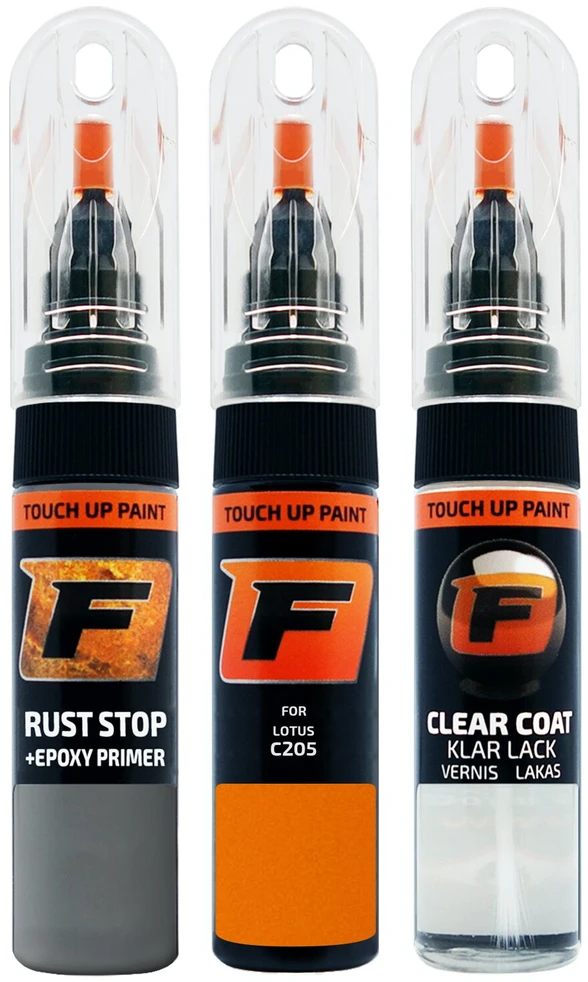 Firanto LOTUS C205 - METALLIC Oranžinis Rinkinys: Dažų korektorius įbrėžimų taisymui + Rūdžių modifikatorius + Lakas 15 ml