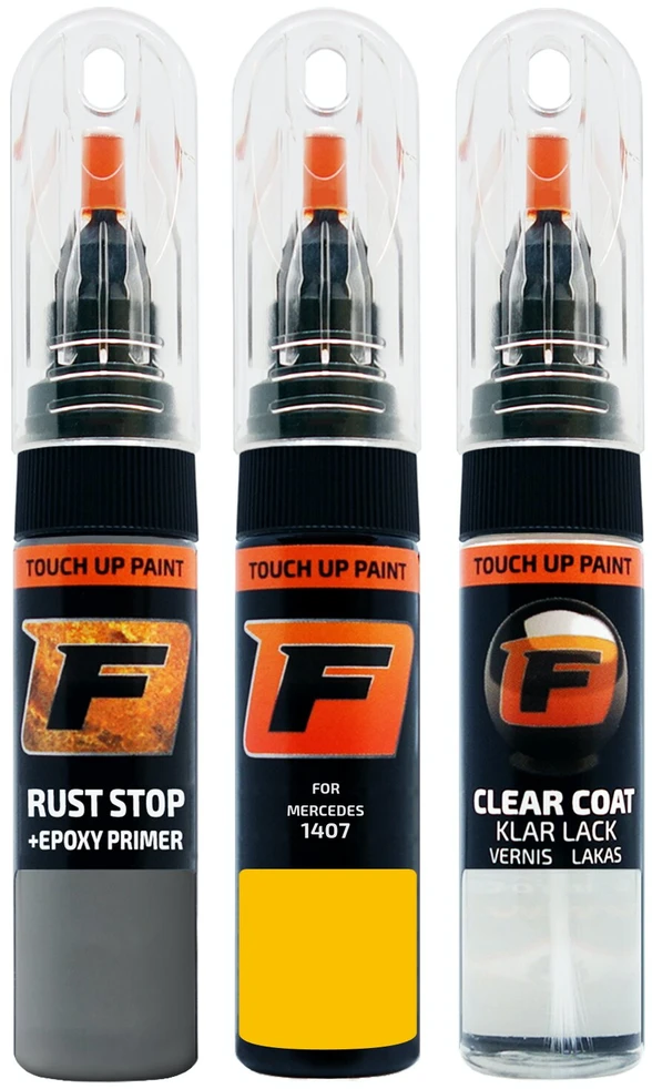 Firanto MERCEDES 1407 - STROHGELB Rinkinys: Dažų korektorius įbrėžimų taisymui + Rūdžių modifikatorius + Lakas 15 ml