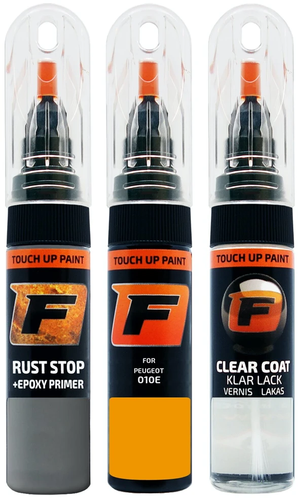 Firanto PEUGEOT 010E - JAUNE CATERPILLAR Rinkinys: Dažų korektorius įbrėžimų taisymui + Rūdžių modifikatorius + Lakas 15 ml
