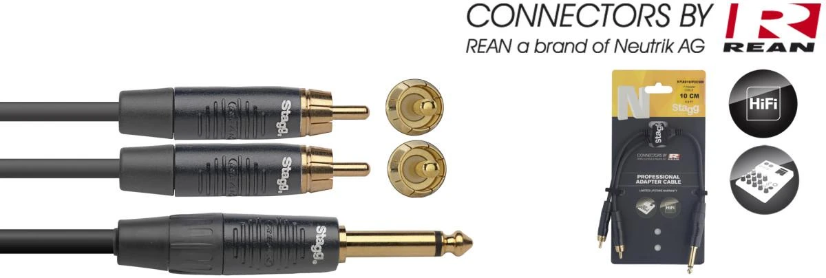Audio adapteris Stagg REAN 2 x RCA/m - 6.35mm TS/m 10cm