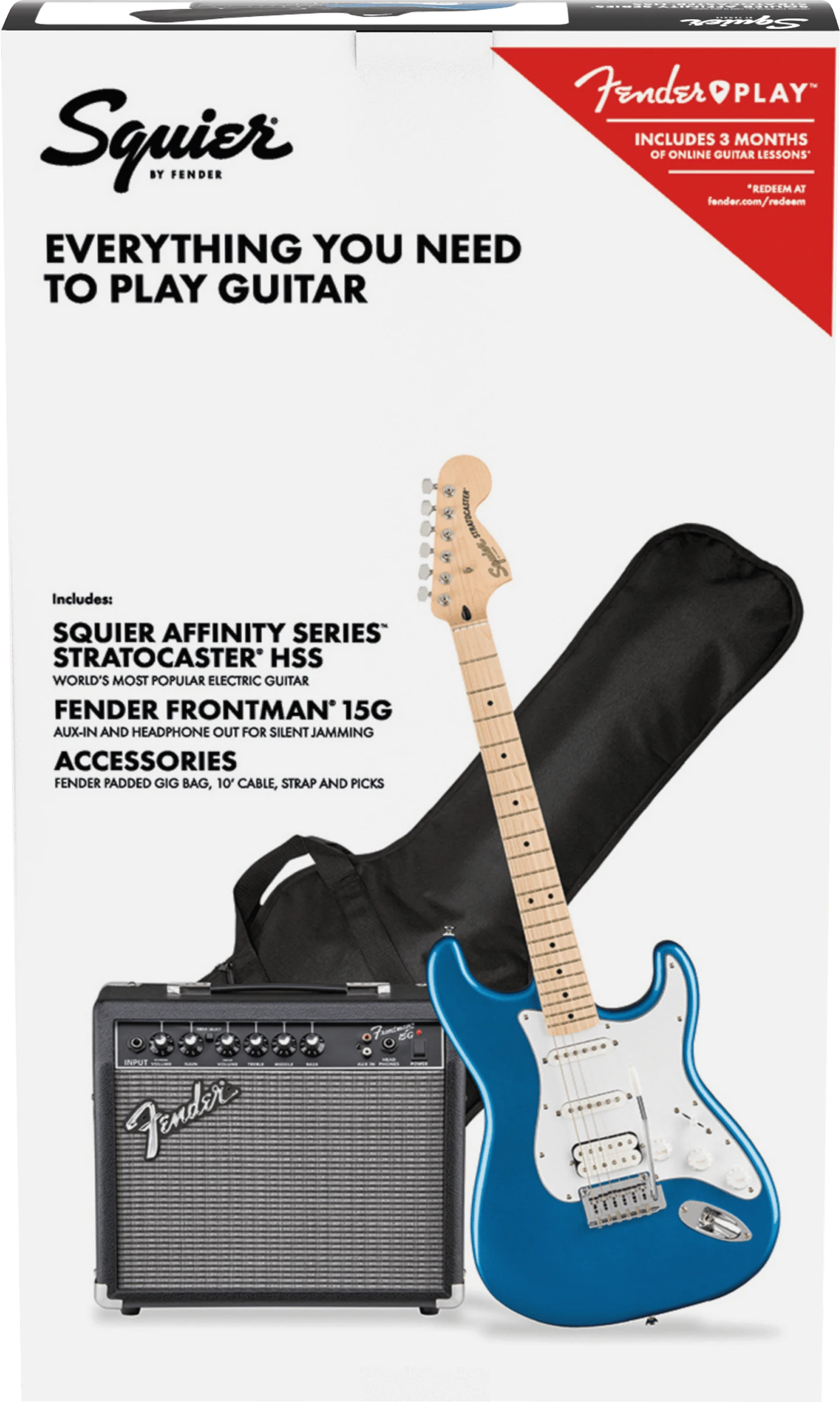 Squier Elektrinės gitaros komplektas Fender Affinity Strat HSS + Frontman 15G, mėlyna