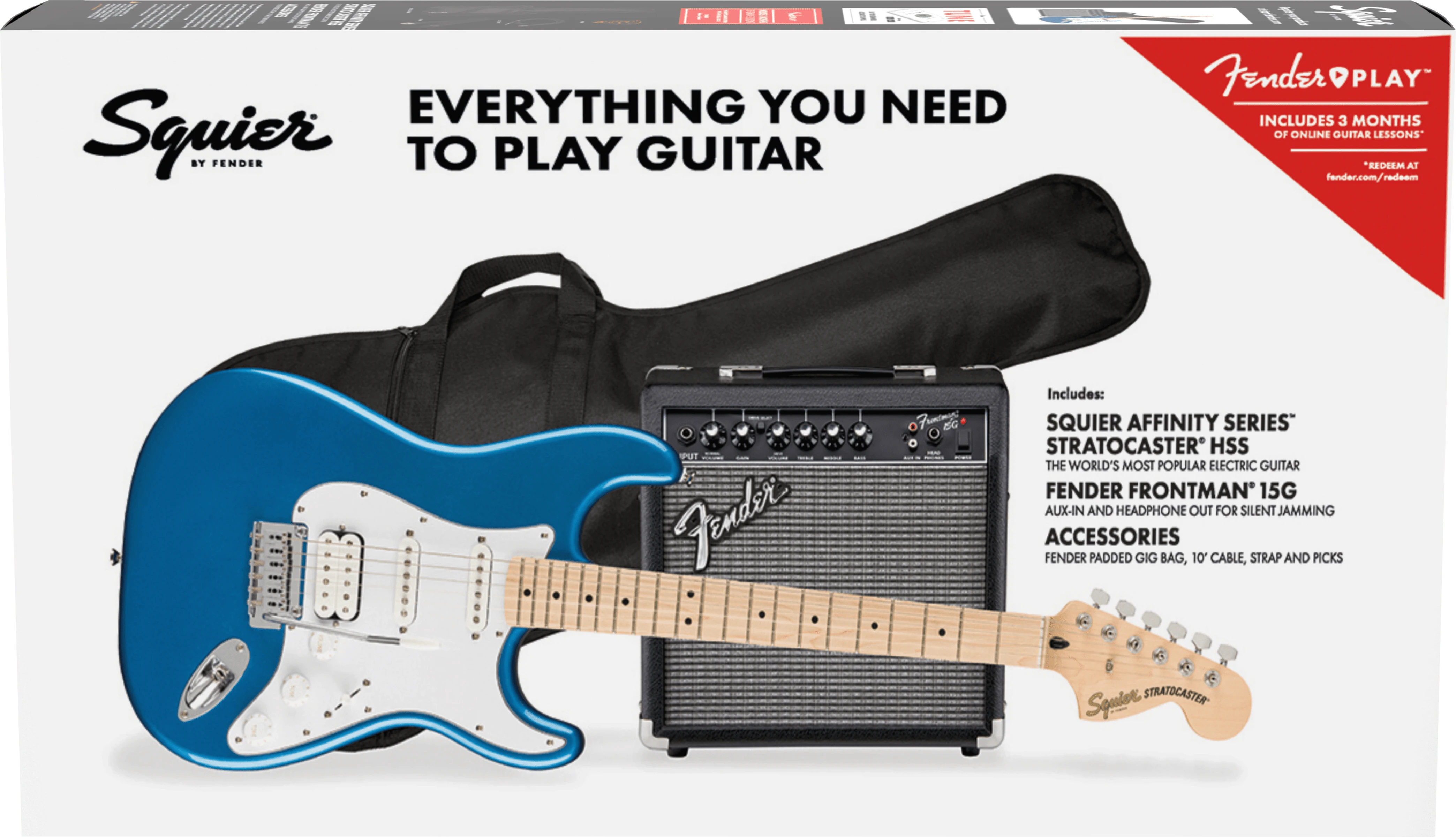 Squier Elektrinės gitaros komplektas Fender Affinity Strat HSS + Frontman 15G, mėlyna