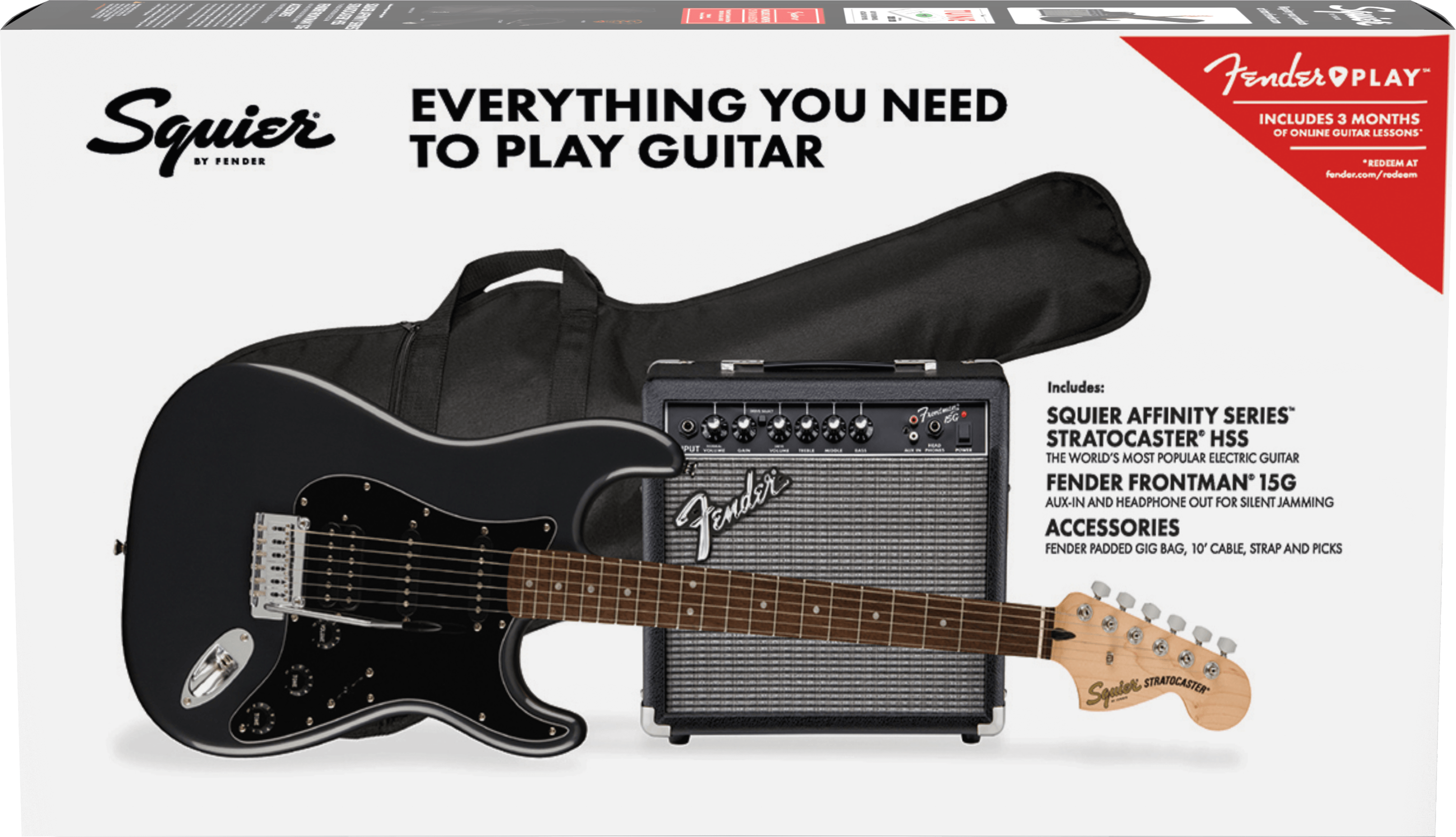 Squier Elektrinės gitaros komplektas Fender Affinity Strat HSS + Frontman 15G, anglies spalva