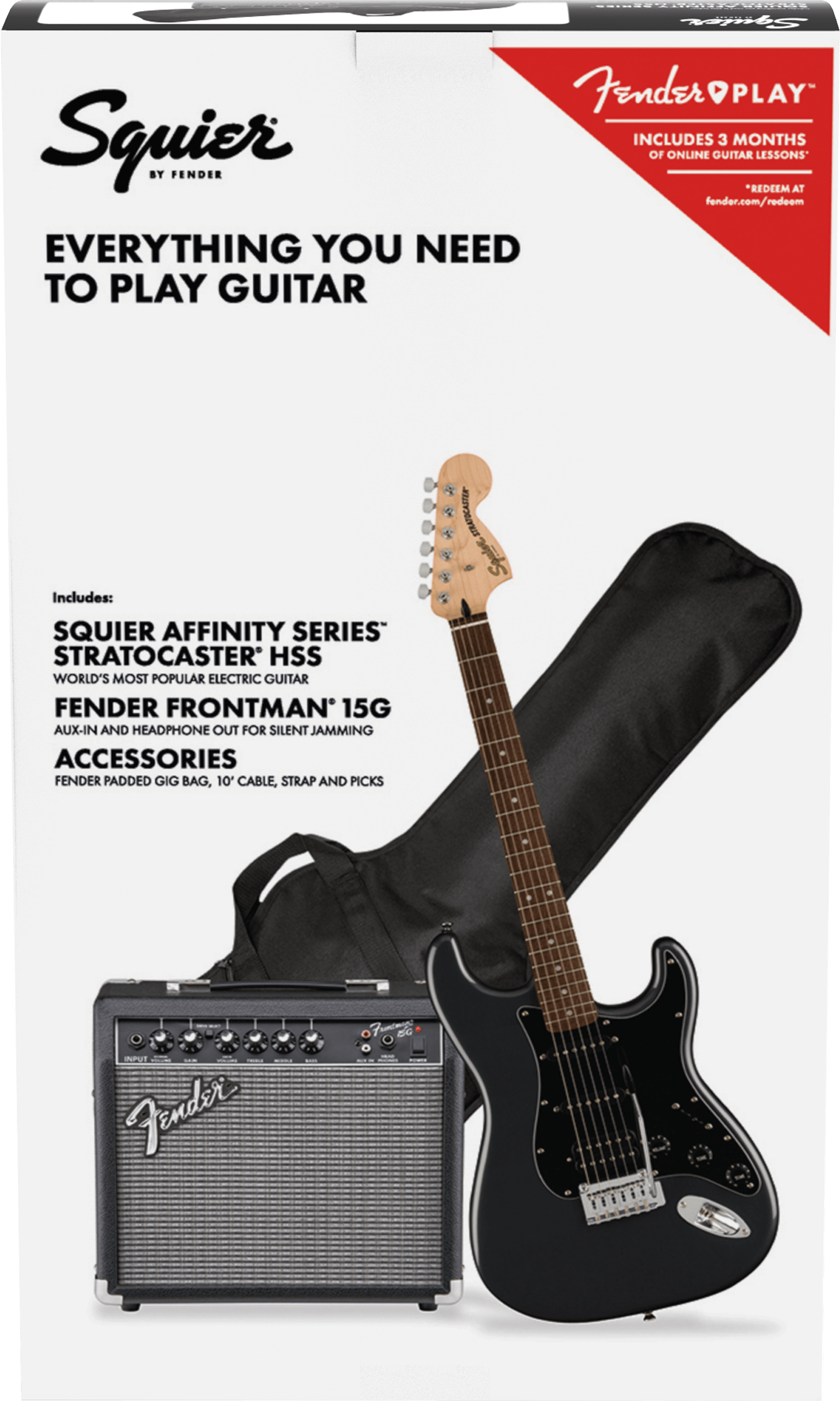 Squier Elektrinės gitaros komplektas Fender Affinity Strat HSS + Frontman 15G, anglies spalva