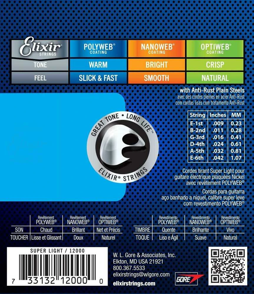 Elixir Strings Eliksyras Stygos el. gitarai Eliksyras 12000 Polyweb 9-42