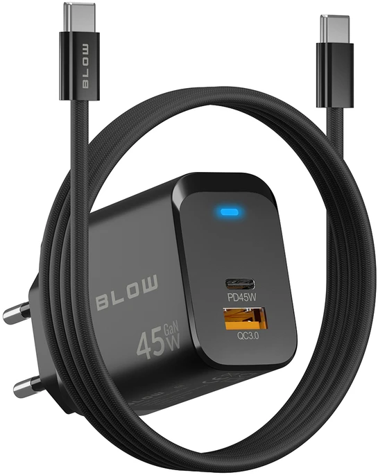 Blow Sieninis įkroviklis USB lizdas + USB-C PD 45W + laidas