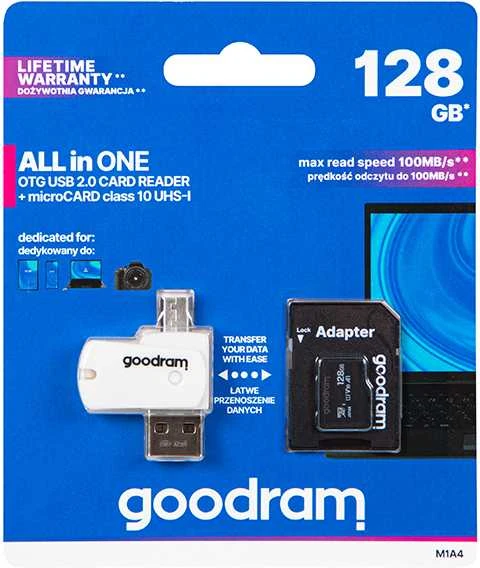 GOODRAM 128GB microSDXC 10 klasės UHS I + adapteris + skaitytuvas