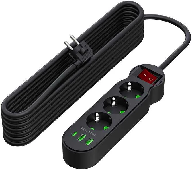 Blow PS-340 3 lizdų maitinimo prailginimo kabelis 2xUSB+USB-C 5m juodas 3x1mm