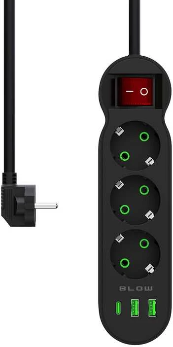 Blow PS-340 3 lizdų maitinimo prailginimo kabelis 2xUSB+USB-C 5m juodas 3x1mm