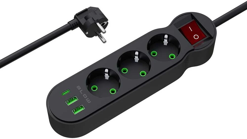 Blow PS-340 3 lizdų maitinimo prailginimo kabelis 2xUSB+USB-C 5m juodas 3x1mm