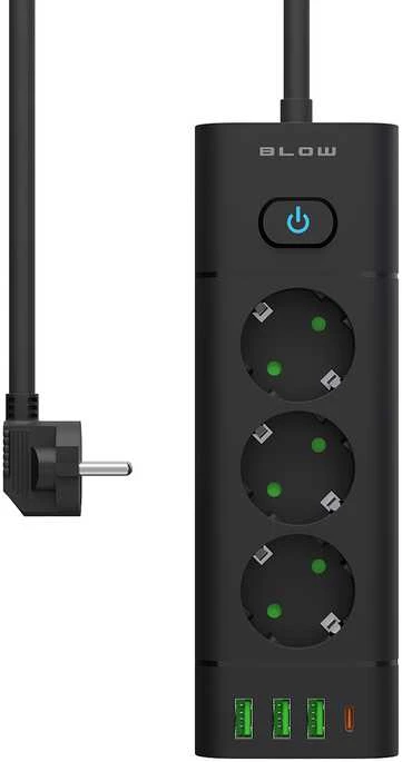Blow PS-350T 3 lizdų maitinimo prailginimo kabelis 3xUSB+USB-PD 3m juodas 3x1mm