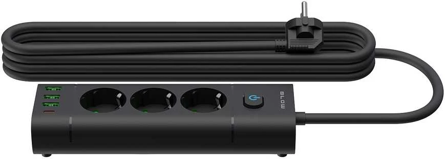 Blow PS-350T 3 lizdų maitinimo prailginimo kabelis 3xUSB+USB-PD 3m juodas 3x1mm