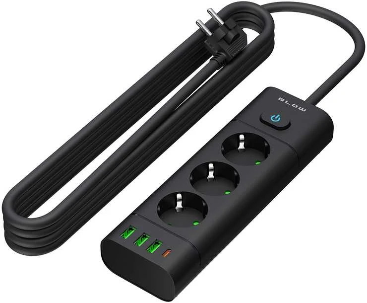 Blow PS-350T 3 lizdų maitinimo prailginimo kabelis 3xUSB+USB-PD 3m juodas 3x1mm