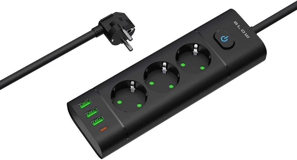 Blow PS-350T 3 lizdų maitinimo prailginimo kabelis 3xUSB+USB-PD 3m juodas 3x1mm