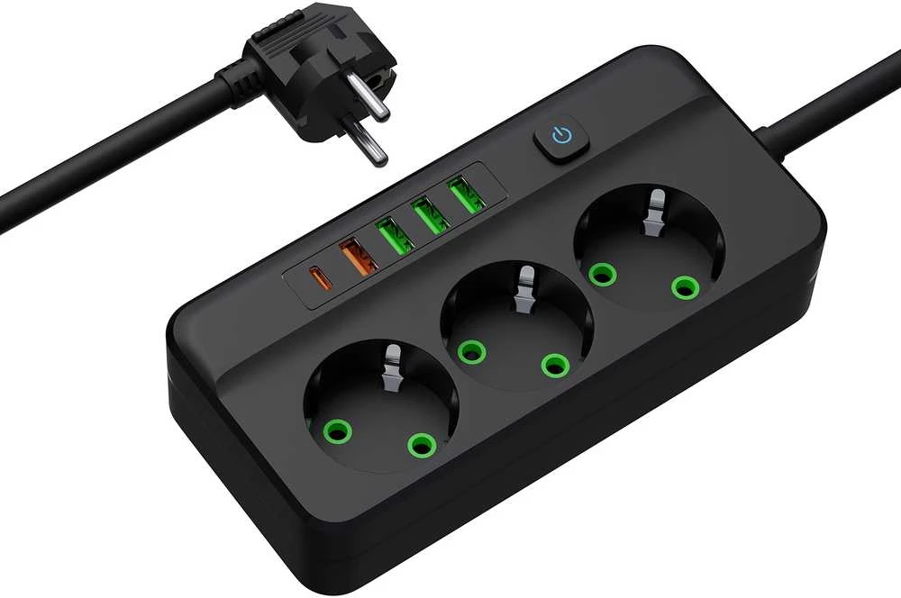 Blow PS-350Z Maitinimo prailginimo kabelis su 3 lizdais, 4xUSB+USB-PD, 5m, juodas, 3x1mm