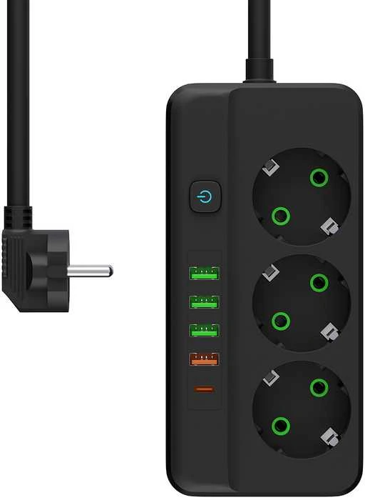 Blow PS-350Z Maitinimo prailginimo kabelis su 3 lizdais, 4xUSB+USB-PD, 5m, juodas, 3x1mm
